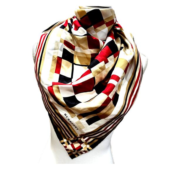 BURBERRY London 100% Silk Beige Red Black Checkered Scarf Wrap - Picture 3 of 7
